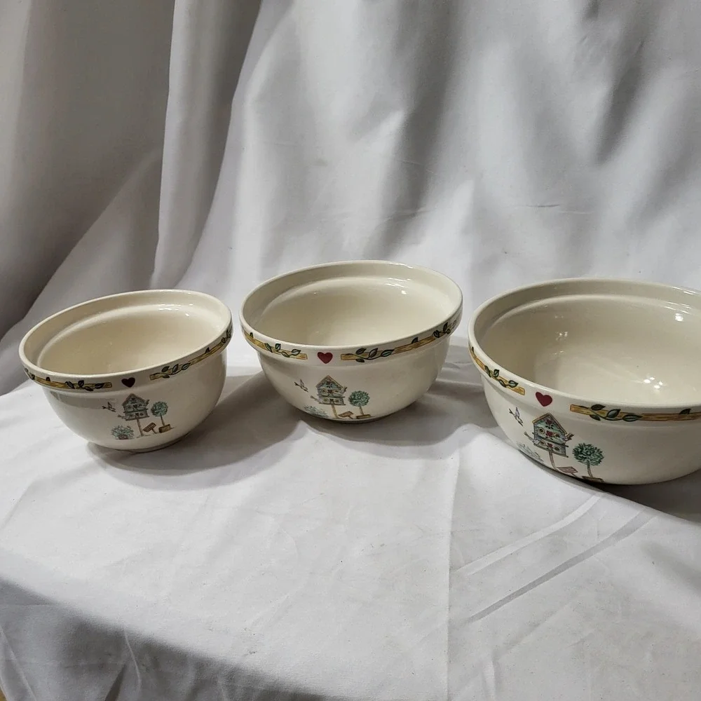 3pc Thomson Pottery Nesting Mixing/Serving Bowls | Birdhouse Pattern Cottagecore